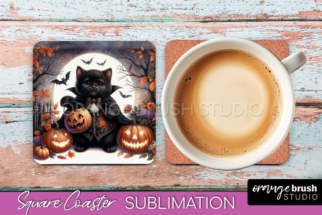 Halloween Black Cat Square Coaster, Cute Halloween Coaster Sublimation OrangeBrushStudio 