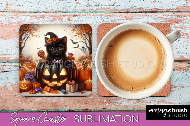 Halloween Black Cat Square Coaster, Cute Halloween Coaster Sublimation OrangeBrushStudio 