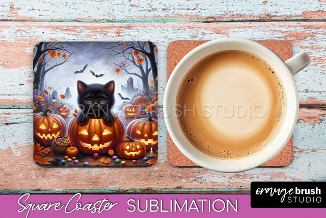 Halloween Black Cat Square Coaster, Cute Halloween Coaster Sublimation OrangeBrushStudio 