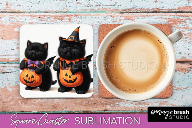 Halloween Black Cat Square Coaster, Cute Halloween Coaster Sublimation OrangeBrushStudio 