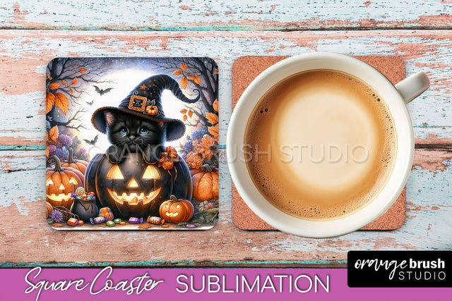Halloween Black Cat Square Coaster, Cute Halloween Coaster Sublimation OrangeBrushStudio 