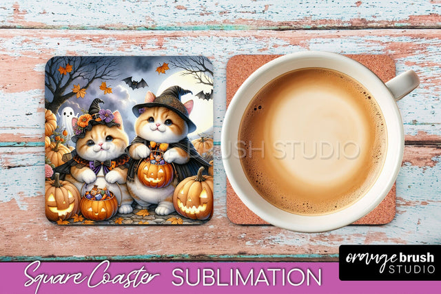 Halloween Black Cat Square Coaster, Cute Halloween Coaster Sublimation OrangeBrushStudio 