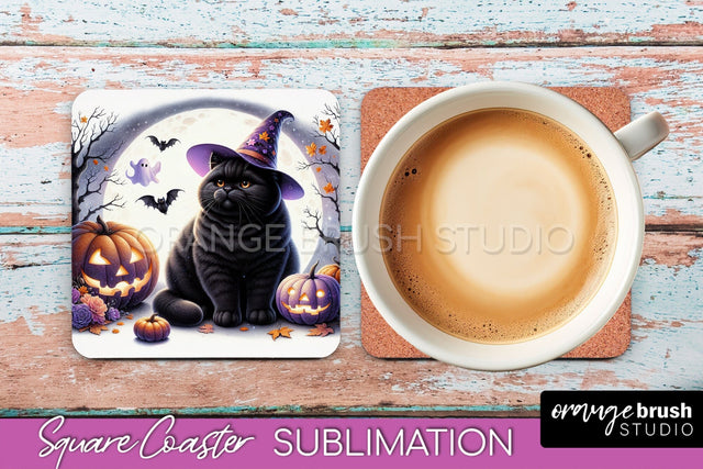 Halloween Black Cat Square Coaster, Cute Halloween Coaster Sublimation OrangeBrushStudio 