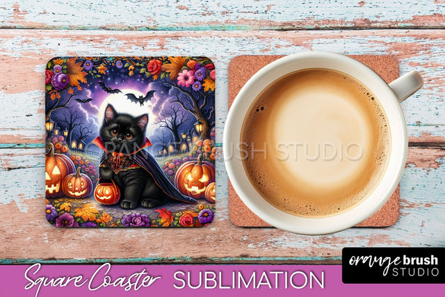 Halloween Black Cat Square Coaster, Cute Halloween Coaster Sublimation OrangeBrushStudio 
