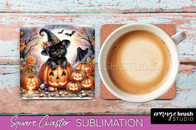 Halloween Black Cat Square Coaster, Cute Halloween Coaster Sublimation OrangeBrushStudio 