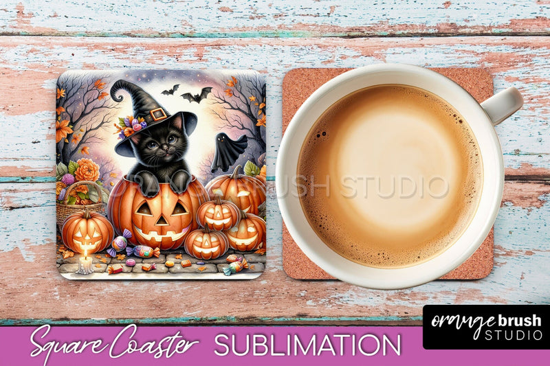 Halloween Black Cat Square Coaster, Cute Halloween Coaster Sublimation OrangeBrushStudio 