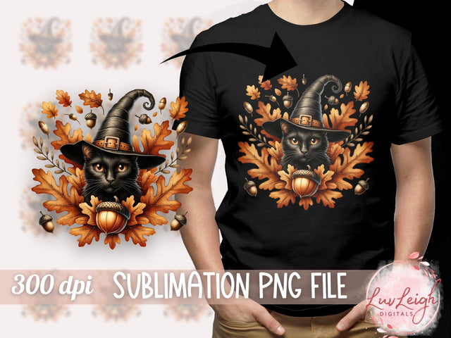Halloween Black Cat Wearing Witch Hat PNG Sublimation Luvleigh Digitals 