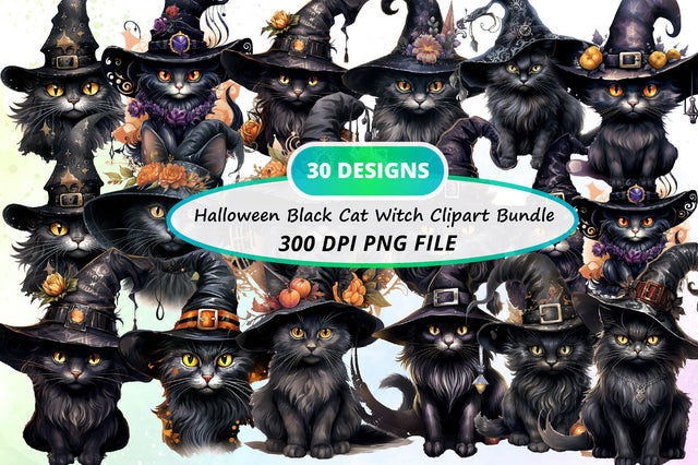 Halloween Black Cat Witch Clipart Bundle Sublimation Regulrcrative 