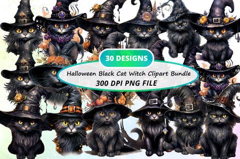 Halloween Black Cat Witch Clipart Bundle Sublimation Regulrcrative 
