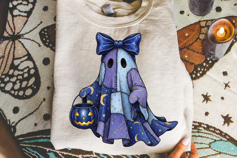 Halloween Blue Ghost PNG| Halloween Patchwork Ghost Sublimation Png. Sublimation CosmosFineArt 