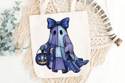 Halloween Blue Ghost PNG| Halloween Patchwork Ghost Sublimation Png. Sublimation CosmosFineArt 