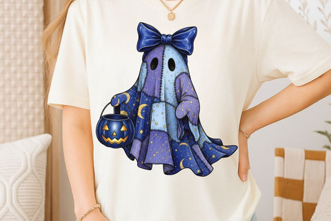 Halloween Blue Ghost PNG| Halloween Patchwork Ghost Sublimation Png. Sublimation CosmosFineArt 