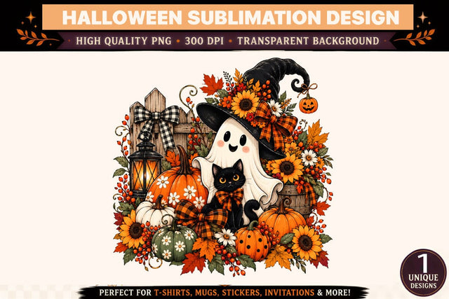 Halloween Boo Crew PNG, Cute Ghost Couple with Buffalo Plaid Bows, Jack O Lantern Pumpkins, Crescent Moon and Autumn Floral Wreath, Spooky Sublimation Design Sublimation BlackCatsMedia 