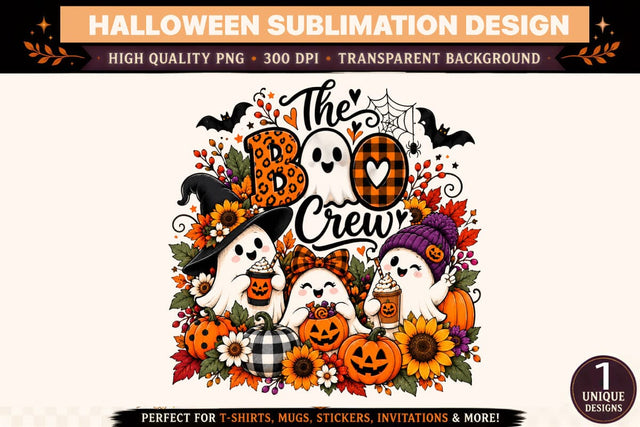 Halloween Boo Crew PNG, Cute Ghost Squad with Witch Hats and Pumpkin Candy Buckets, Spooky Season Sublimation Design, Autumn Floral Halloween Clipart Sublimation BlackCatsMedia 