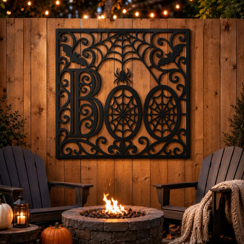 Halloween Boo Sign Laser SVG | Spider Web Halloween SVG | Spooky Bat Spider Dxf | CNC Plasma Cut File | Metal Wall Art Design SVG HappyDesignStudio 