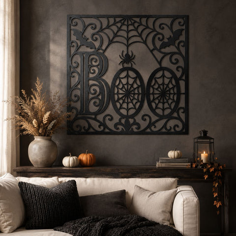 Halloween Boo Sign Laser SVG | Spider Web Halloween SVG | Spooky Bat Spider Dxf | CNC Plasma Cut File | Metal Wall Art Design SVG HappyDesignStudio 