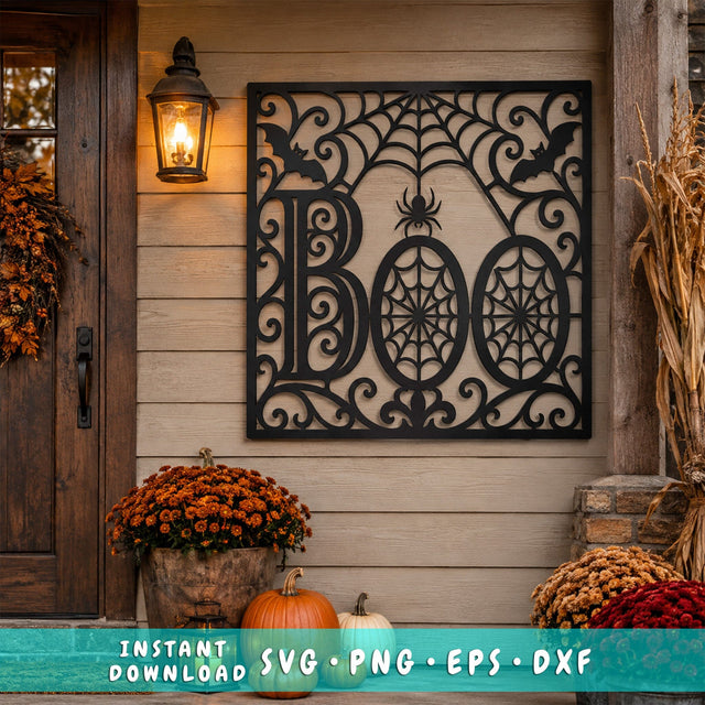 Halloween Boo Sign Laser SVG | Spider Web Halloween SVG | Spooky Bat Spider Dxf | CNC Plasma Cut File | Metal Wall Art Design SVG HappyDesignStudio 