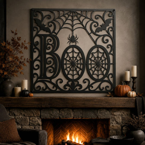 Halloween Boo Sign Laser SVG | Spider Web Halloween SVG | Spooky Bat Spider Dxf | CNC Plasma Cut File | Metal Wall Art Design SVG HappyDesignStudio 