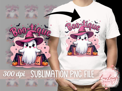 Halloween Boo tique Ghost, Ghost with Witch Hat PNG Sublimation Luvleigh Digitals 