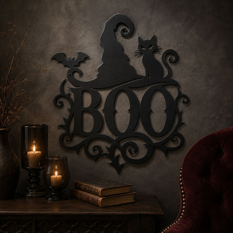 Halloween Boo Witch Hat Cat Laser SVG, DXF, Spooky Metal Sign CNC Plasma Cut File, Bat Wall Decor, Halloween Porch Sign Laser Cut Design SVG HappyDesignStudio 