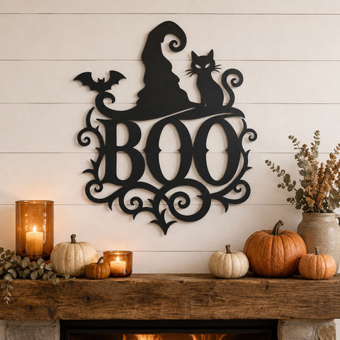 Halloween Boo Witch Hat Cat Laser SVG, DXF, Spooky Metal Sign CNC Plasma Cut File, Bat Wall Decor, Halloween Porch Sign Laser Cut Design SVG HappyDesignStudio 