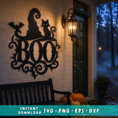 Halloween Boo Witch Hat Cat Laser SVG, DXF, Spooky Metal Sign CNC Plasma Cut File, Bat Wall Decor, Halloween Porch Sign Laser Cut Design SVG HappyDesignStudio 