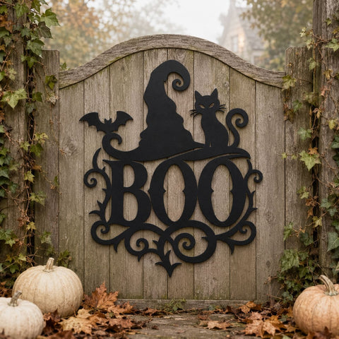 Halloween Boo Witch Hat Cat Laser SVG, DXF, Spooky Metal Sign CNC Plasma Cut File, Bat Wall Decor, Halloween Porch Sign Laser Cut Design SVG HappyDesignStudio 