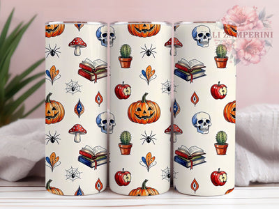 Halloween Books Pumpkins Skull Pattern 20oz Tumbler, Halloween Books Motif, Pumpkin Pattern Design, Skull Theme, Spooky Accent, Gothic Charm, Sublimation Wrap, 20oz Tumbler Sublimation Li Zamperini 