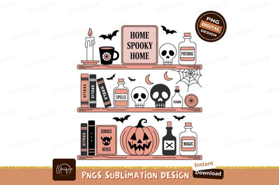 Halloween bookshelf spooky objects and creatures candle Sublimation Designangry 