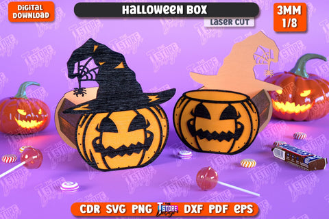 Halloween Boxes Laser Cut Bundle, Candy Treat Holders SVG, Trick or Treat SVG, Spooky Gift Box, Happy Halloween Decor SVG, Wooden Treat Storage Box SVG The T Store Design 