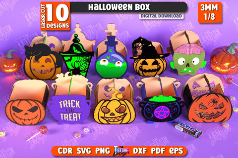 Halloween Boxes Laser Cut Bundle, Candy Treat Holders SVG, Trick or Treat SVG, Spooky Gift Box, Happy Halloween Decor SVG, Wooden Treat Storage Box SVG The T Store Design 