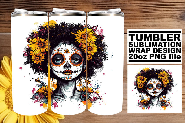 Halloween Calavera Woman Wrap – 20oz Watercolor Design Sublimation afrosvg 