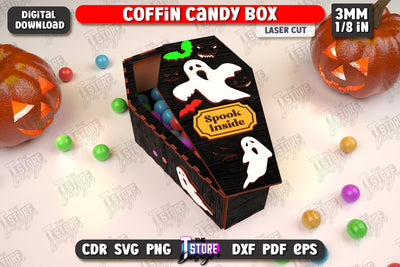 Halloween Candy Box | Coffin Box Laser Cut | Halloween Treats | Trick or Treat | Treat Box | CNC File SVG The T Store Design 