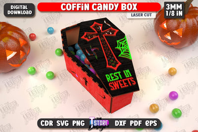 Halloween Candy Box | Coffin Box Laser Cut | Halloween Treats | Trick or Treat | Treat Box | CNC File SVG The T Store Design 