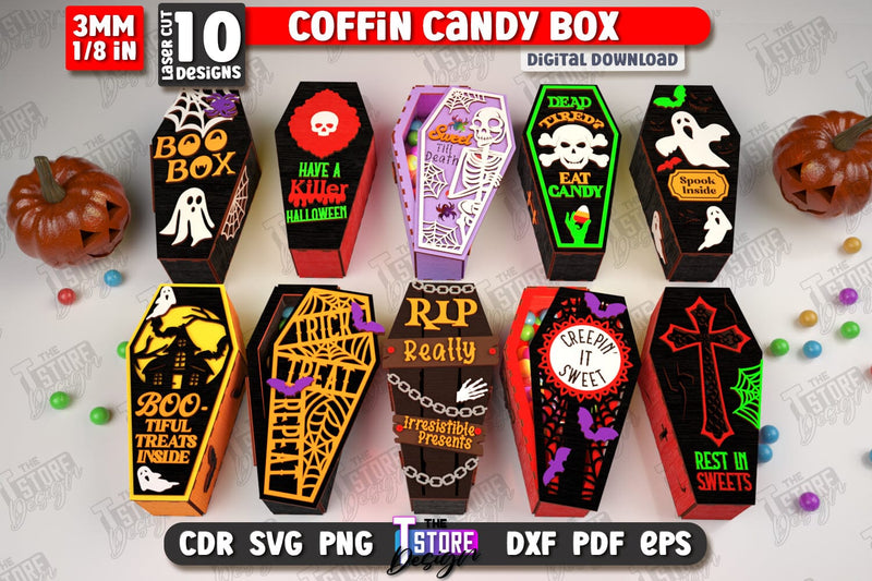 Halloween Candy Boxes | Coffin Boxes Laser Cut Bundle | Halloween Treats | Trick or Treat | Treat Boxes | CNC Files SVG The T Store Design 