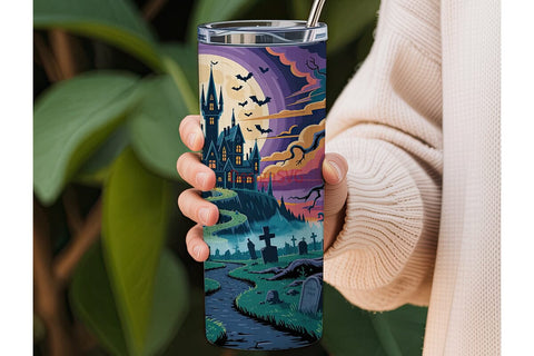 Halloween Castle Graveyard 20oz Tumbler Sublimation DesignSVG 