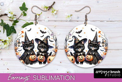 Halloween Cat Earrings - Cute Halloween Sublimation Earring Sublimation OrangeBrushStudio 