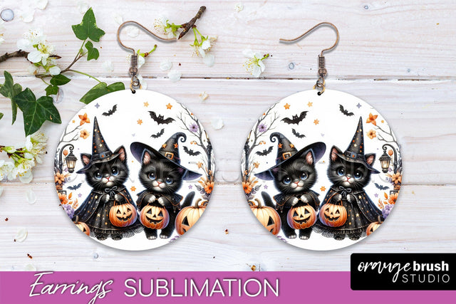 Halloween Cat Earrings - Cute Halloween Sublimation Earring Sublimation OrangeBrushStudio 