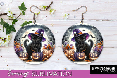 Halloween Cat Earrings - Cute Halloween Sublimation Earring Sublimation OrangeBrushStudio 