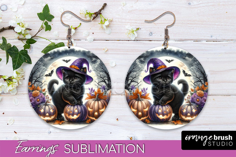 Halloween Cat Earrings - Cute Halloween Sublimation Earring Sublimation OrangeBrushStudio 