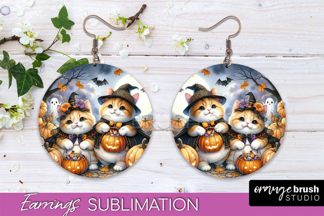 Halloween Cat Earrings - Cute Halloween Sublimation Earring Sublimation OrangeBrushStudio 