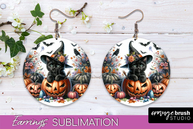 Halloween Cat Earrings - Cute Halloween Sublimation Earring Sublimation OrangeBrushStudio 