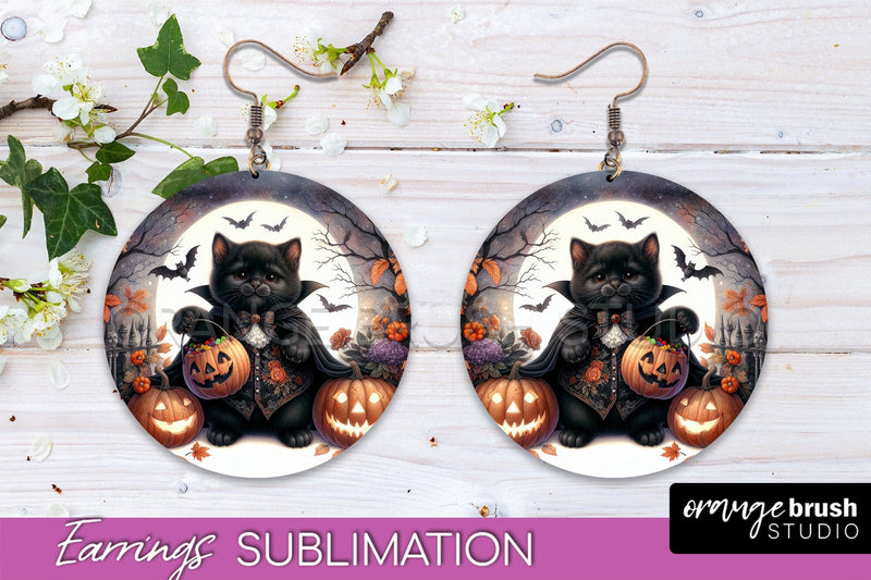 Halloween Cat Earrings - Cute Halloween Sublimation Earring Sublimation OrangeBrushStudio 