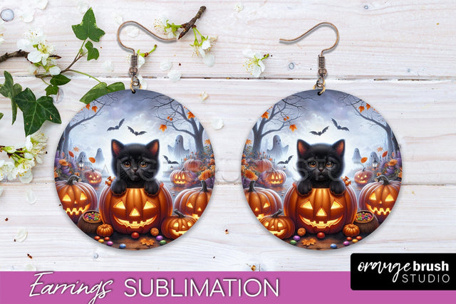 Halloween Cat Earrings - Cute Halloween Sublimation Earring Sublimation OrangeBrushStudio 