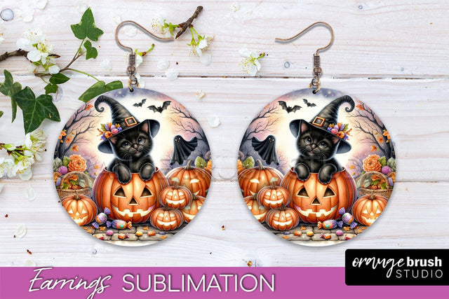 Halloween Cat Earrings - Cute Halloween Sublimation Earring Sublimation OrangeBrushStudio 