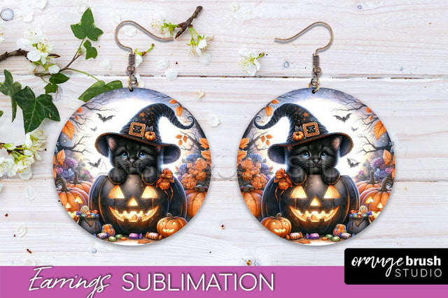Halloween Cat Earrings - Cute Halloween Sublimation Earring Sublimation OrangeBrushStudio 