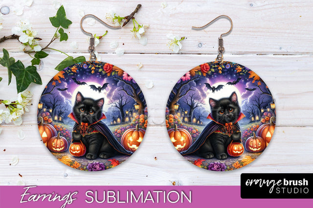 Halloween Cat Earrings - Cute Halloween Sublimation Earring Sublimation OrangeBrushStudio 