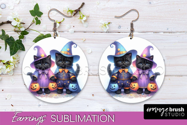 Halloween Cat Earrings - Cute Halloween Sublimation Earring Sublimation OrangeBrushStudio 