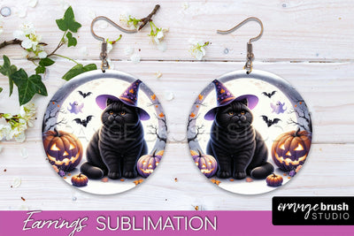 Halloween Cat Earrings - Cute Halloween Sublimation Earring Sublimation OrangeBrushStudio 