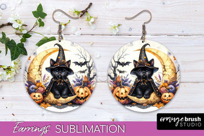 Halloween Cat Earrings - Cute Halloween Sublimation Earring Sublimation OrangeBrushStudio 